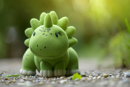 Green stuffed dinosaur toy with a cheerful face sits outdoors, with a softfocus natural backgroundの素材