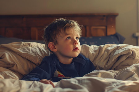 Young boy lies in bed with a thoughtful expression, bathed in soft morning lightの素材