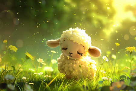 Blissful illustration of a cute lamb in a magical, sunlit meadowの素材