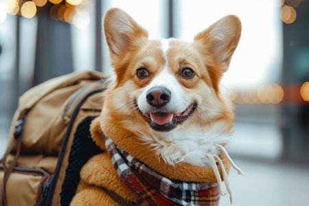 Cute corgi wearing a warm scarf and carrying a backpack, looking happy and ready for an adventureの素材