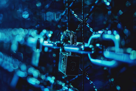 Closeup of a metallic padlock on illuminated chains with blue bokeh background, symbolizing data securityの素材