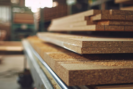 Closeup of particle boards stacked neatly in a carpentry workshopの素材