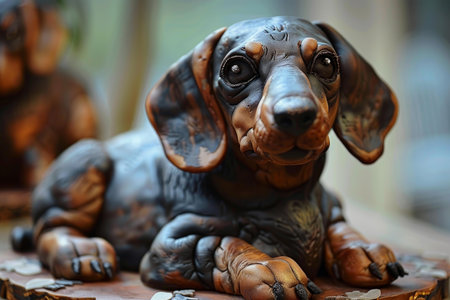 Detailed resin sculpture of a dachshund dog sits on a table, showcasing intricate textures and realismの素材