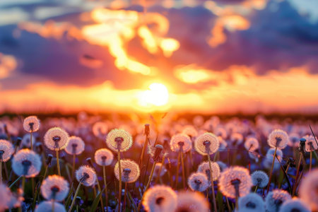 Majestic sunset skies casting a warm glow over a serene field of dandelionsの素材