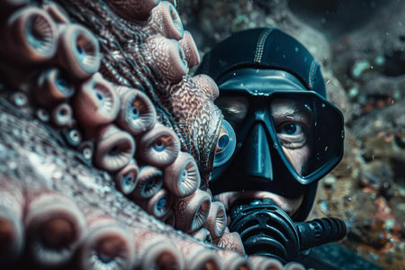 Underwater adventure captured as a scuba diver encounters a vibrant octopus in a marine explorationの素材