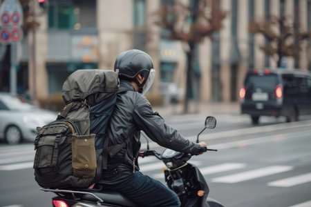 Motorcyclist navigates through city streets, symbolizing urban transportation and travelの素材