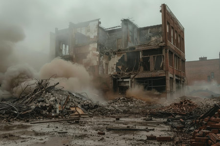 Halfcollapsed structure stands amid clouds of dust and piles of rubbleの素材