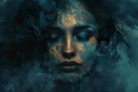Artistic image of a woman with smoke around her and patterns on her faceの素材