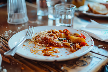 Plate with remnants of a pasta meal, fork and scattered breadcrumbs on a wooden tableの素材