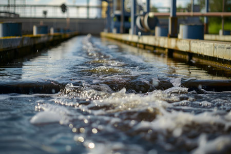Closeup of water flowing through a channel at a wastewater treatment plantの素材