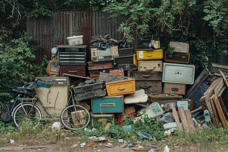 Heap of discarded items, including tvs and bicycles, against an aged metal fenceの素材
