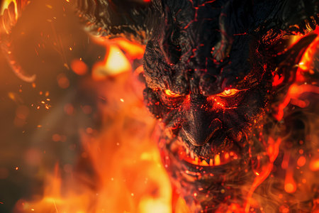 Intense illustration of a menacing demon with glowing eyes surrounded by fireの素材