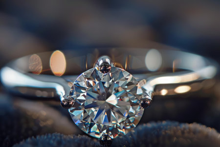 Closeup of an elegant solitaire diamond ring with a bokeh backgroundの素材