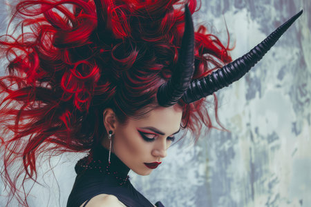 Female model with dramatic red hair and black horns poses in a dark, whimsical gothic settingの素材