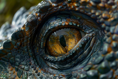 Detailed macro shot capturing the textured eye of a reptile, showcasing its complexityの素材