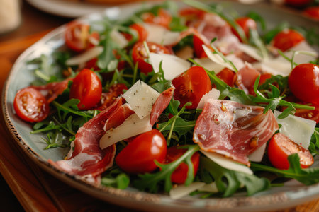 Vibrant salad with arugula, prosciutto, cherry tomatoes, and shaved cheese, perfect for healthy diningの素材