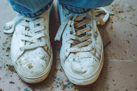 Closeup of used white sneakers with untied laces on a dirty artistic floorの素材