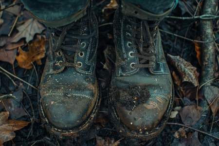 Closeup of muddy boots amidst fallen leaves, capturing the essence of autumn trekkingの素材