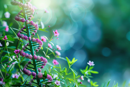 Vivid pink flowers and fresh green leaves bask in soft sunlight against a tranquil bokeh backgroundの素材