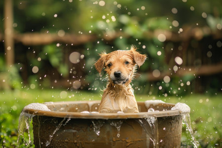 Adorable puppy enjoys a bath in a tub outdoors, surrounded by sparkling water dropletsの素材