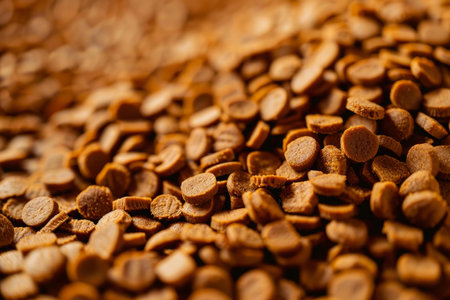 Detailed macro shot of brown roasted coffee beans texture and aromaの素材