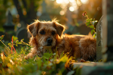 Tranquil and peaceful dog resting in the serene garden during the warm golden hour sunset. Surrounded by lush greenery and bathed in the calming light of the natural outdoor settingの素材