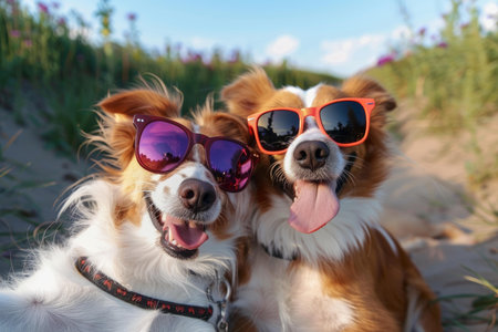 Two happy dogs wearing fashionable sunglasses on a sunny beach with blooming flowersの素材