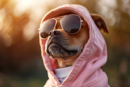 Cool dog wearing sunglasses and a pink hoodie basks in the sunset lightの素材