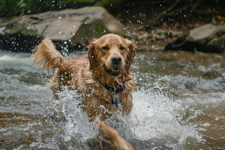 Joyful golden retriever splashing through water in a natural river settingの素材