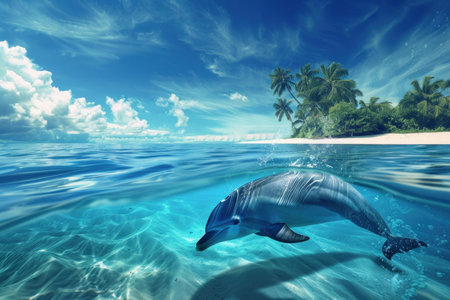 Majestic dolphin jumps in crystalclear waters near a lush tropical island under blue skiesの素材