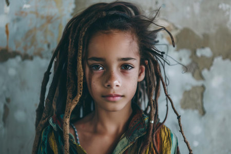 Captivating portrait of a young girl with enigmatic dreadlocks staring intensely at the camera against a textured urban wallの素材