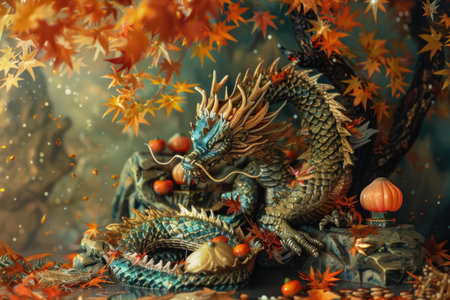 Artistic figure of a dragon with fall foliage backdrop creates a magical mystical atmosphereの素材