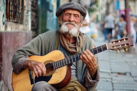 Elderly man with a warm smile plays acoustic guitar on a bustling city sidewalkの素材