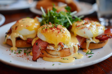 Closeup of a classic brunch dish, eggs benedict with smoked ham, hollandaise, and fresh greensの素材