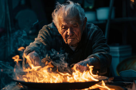 Aged artisan focusing intently as he works with flames in a dark, atmospheric workshopの素材