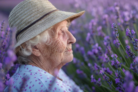 Closeup of a peaceful senior woman with a hat, smiling amidst vibrant lavender flowers at duskの素材