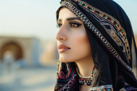 Portrait of a beautiful woman with ornate headscarf, showcasing cultural beautyの素材
