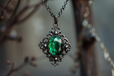 Closeup of an elegant vintage pendant showcasing a faceted green gemstoneの素材