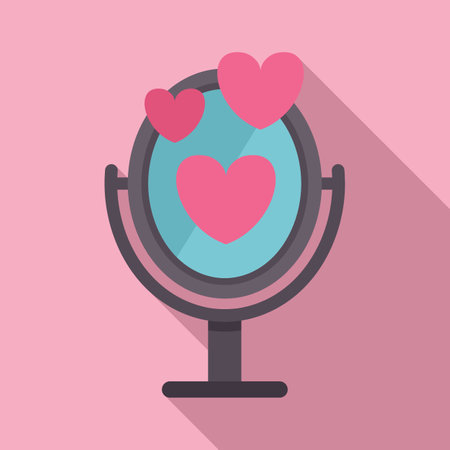 Admiring reflection of self love in a romantic pink background with a heart shaped mirror. Symbolizing positive self acceptance. Care. And confidence in a trendy. Modernのイラスト素材