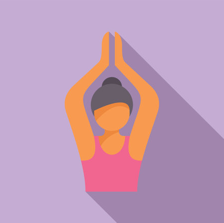 Illustrated woman in a yoga pose with hands in prayer position against a purple backgroundのイラスト素材