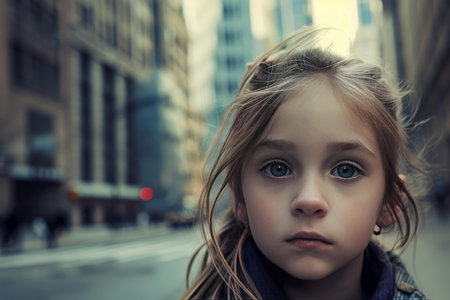 Close-up of a thoughtful young girls face with busy city street in the backgroundの素材