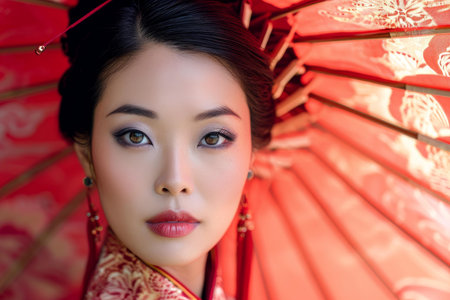 Portrait of an elegant asian woman with captivating eyes, posed under a vibrant red umbrellaの素材