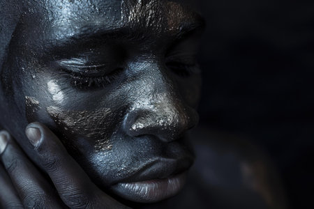 Close-up of a persons face with striking black and silver makeup, evoking deep emotionの素材