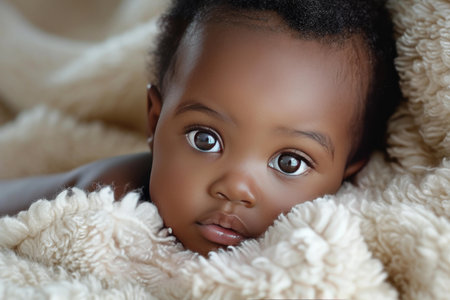 Close-up of a cute african baby with striking big eyes, nestled in a soft beige blanketの素材