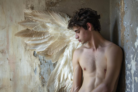 Artistic image of a shirtless man with large angel wings in a dilapidated settingの素材