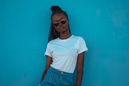 Cool and confident african woman with trendy sunglasses and braids against a vivid blue backdropの素材