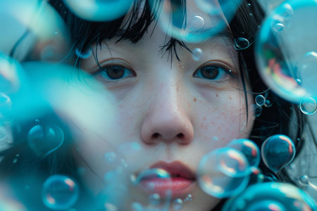 Close-up of a young womans face partially obscured by shimmering soap bubblesの素材