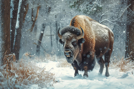 Wild Bison animal snow forest. Park animal. Generate Aiの素材
