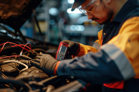 Auto technician performs diagnostics with a digital tool on a vehicles engine in a workshopの素材