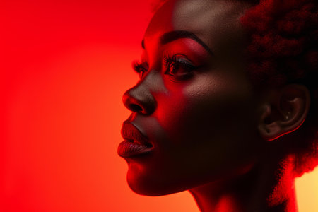 Side view of a woman with radiant skin and distinct features highlighted by red lightingの素材